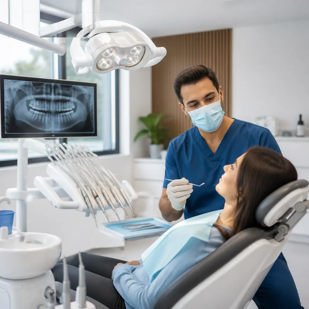 A dentist examining a relaxed patient, her panoramic X-ray on the screen behind