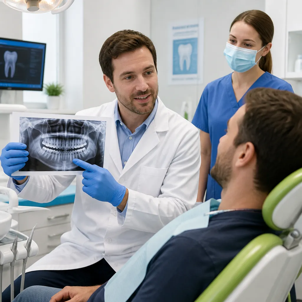 A dentist showing a patient her panoramic X-ray while an assistant looks on