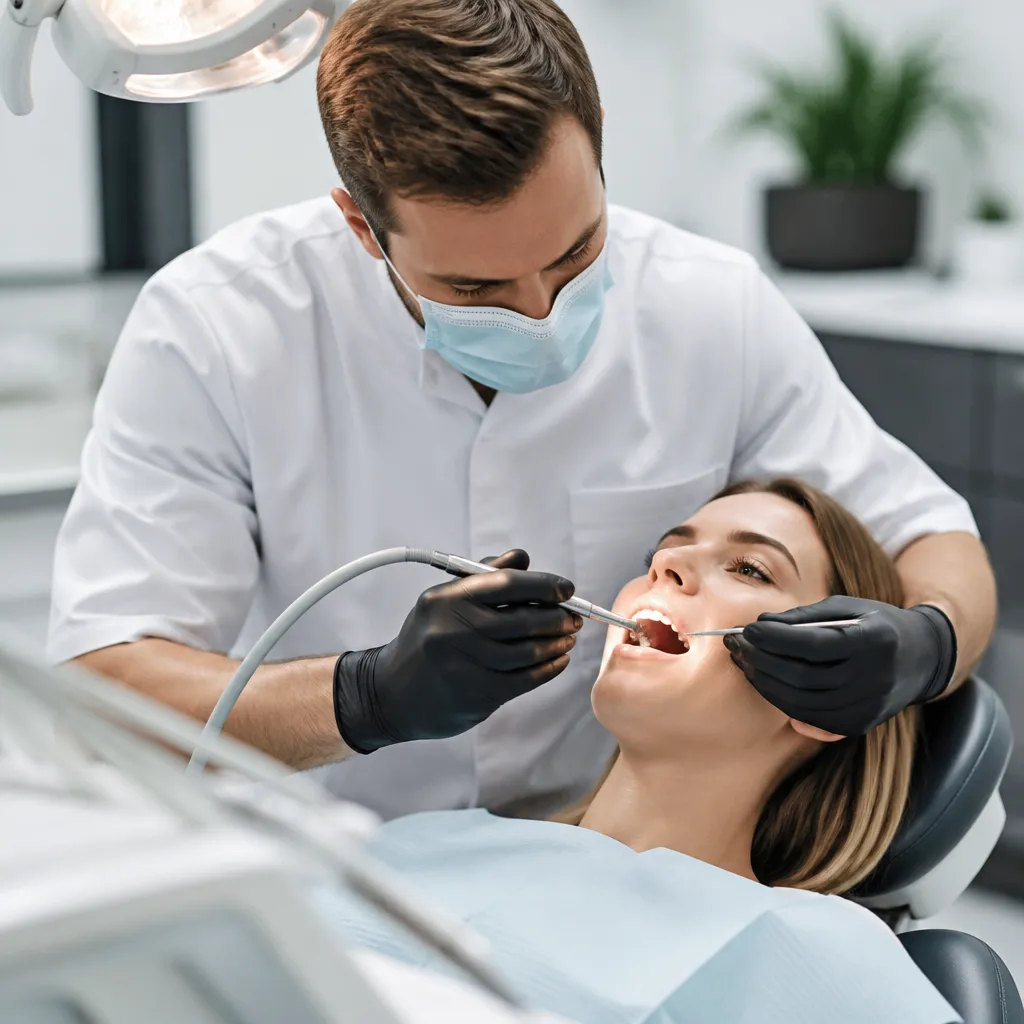 A dentist shaping a new filling with a handpiece while the patient rests in the chair