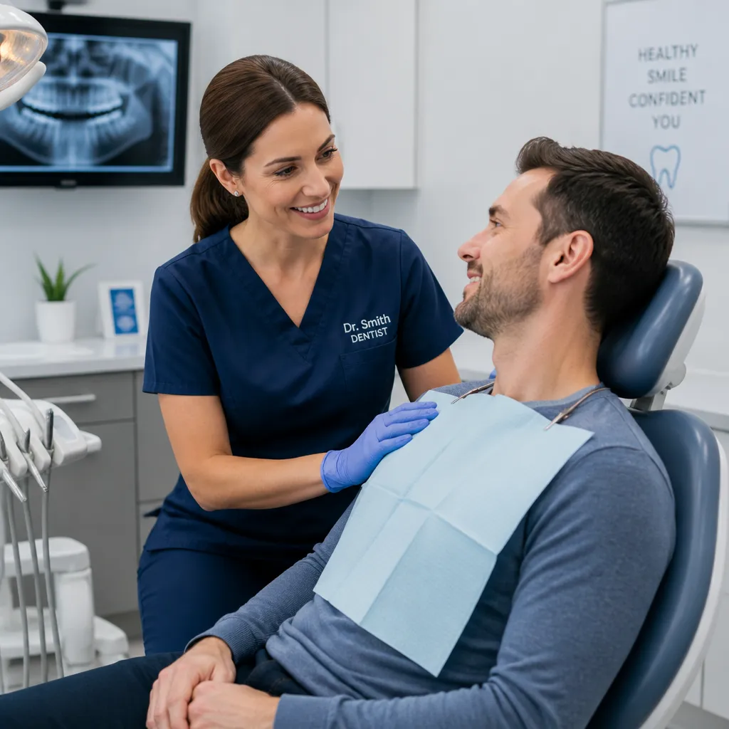 A clinician reassuring a relaxed patient in the dental chair