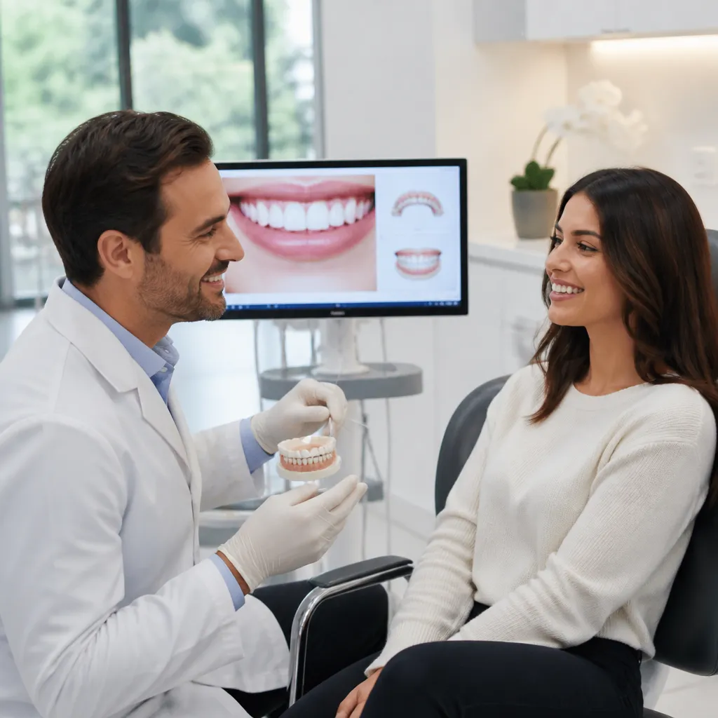 A dentist talking a smiling patient through a model of her planned smile