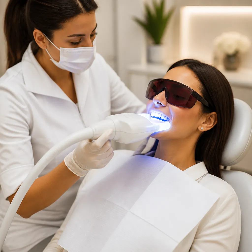 A patient in protective eyewear during an in-chair whitening treatment