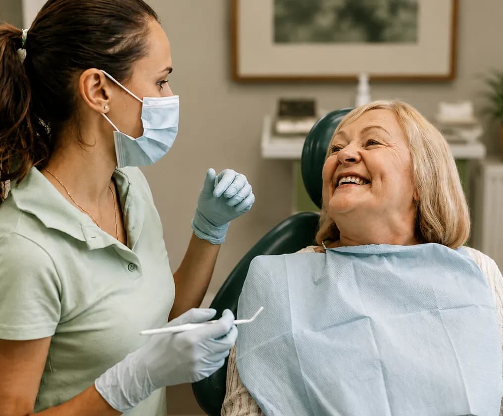 A dentist chatting with a smiling patient during a check-up at our St Kilda East clinic