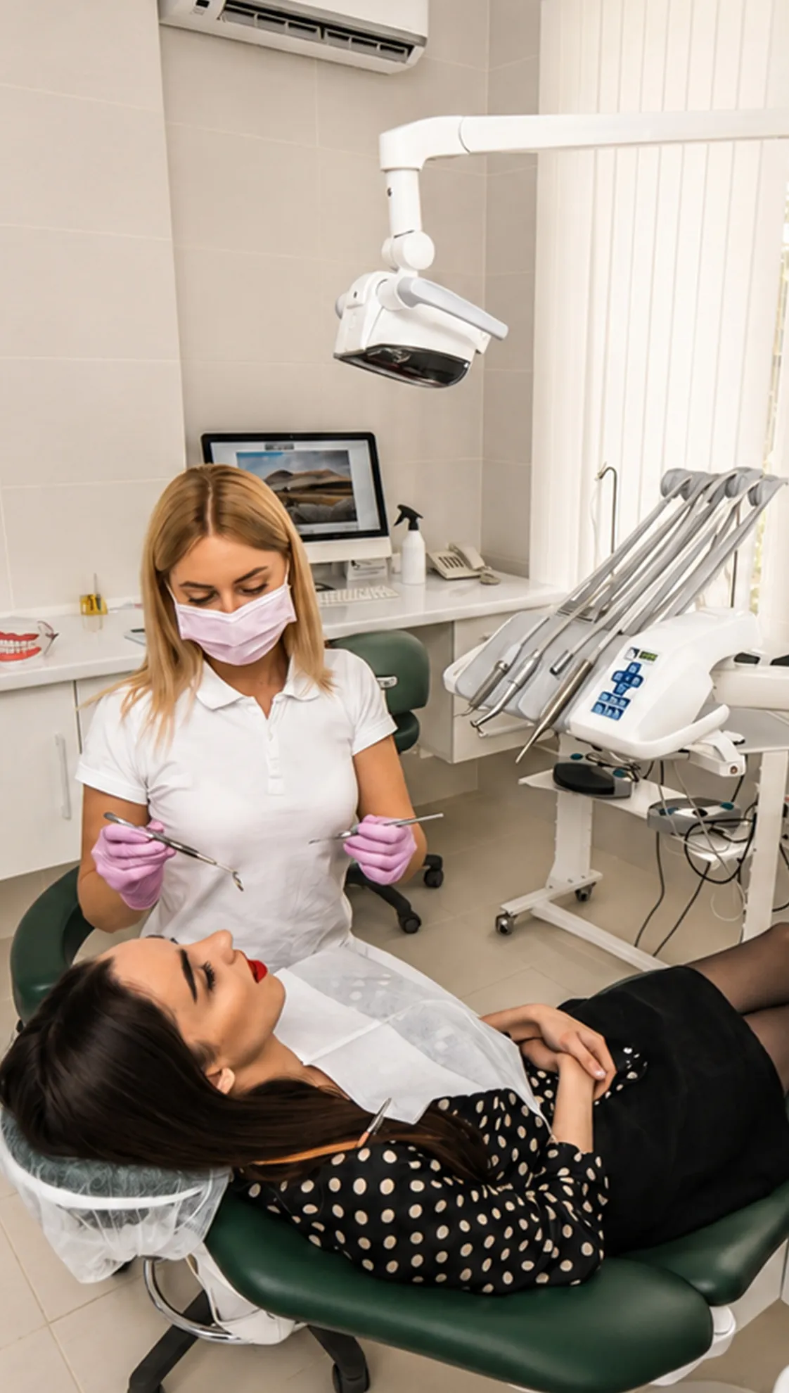 A dentist and patient reviewing a dental X-ray together on screen during a consultation