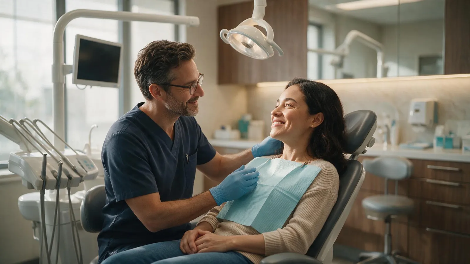 A dentist reassuring a smiling, relaxed patient in the treatment chair