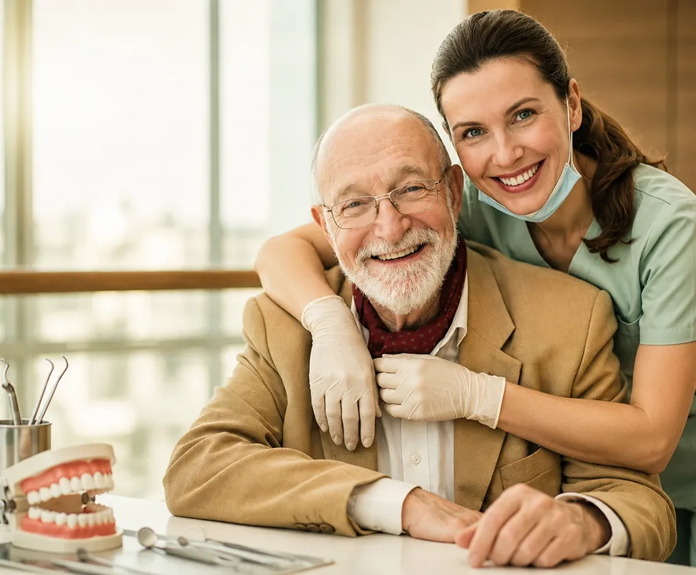 A hygienist with a smiling older patient, a full set of replacement teeth on the bench