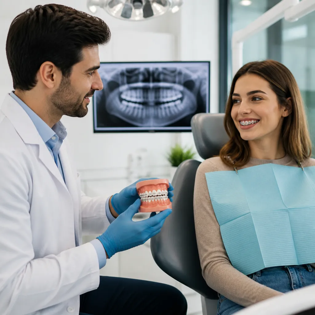 A dentist showing a model of braces to a smiling young patient, her panoramic X-ray on the screen behind