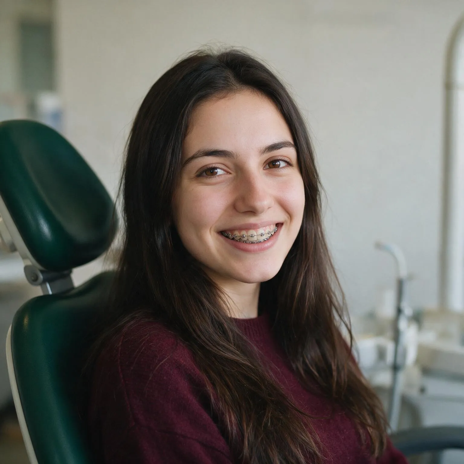 A young patient smiling with her braces on, partway through treatment