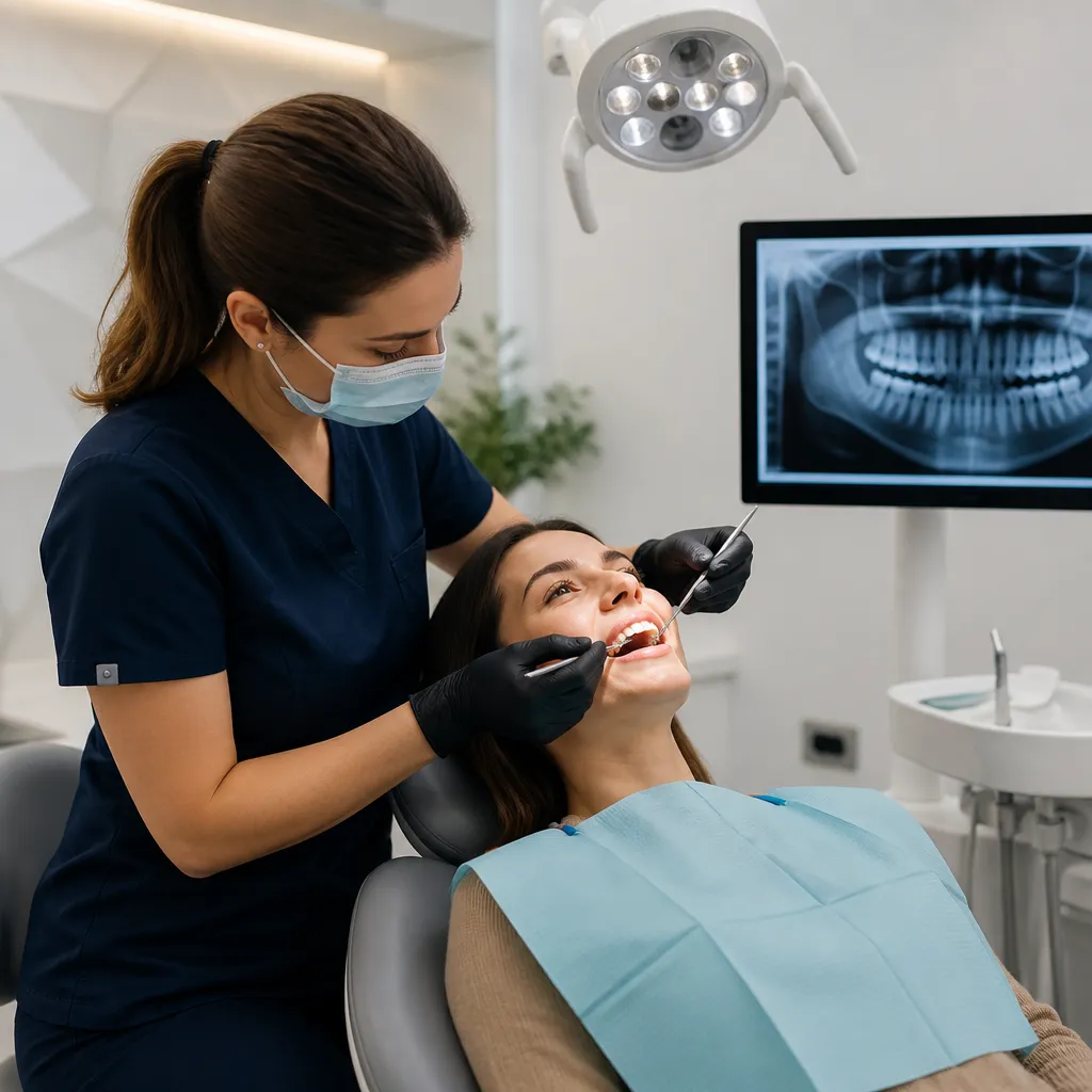 A dentist examining a patient's teeth with a mirror, her panoramic X-ray on the screen behind