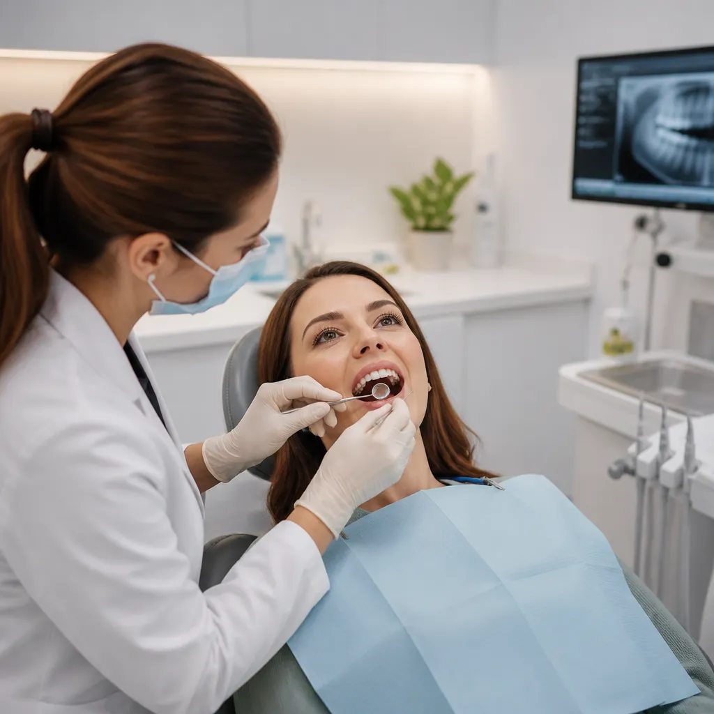 A smiling patient having her teeth checked, with her X-ray on the screen behind her