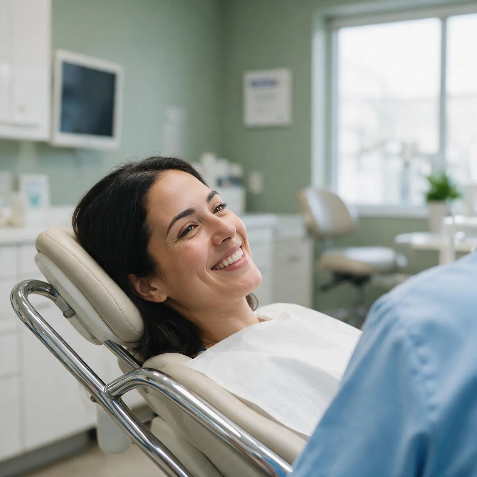 A relaxed patient smiling in the dental chair after her check-up