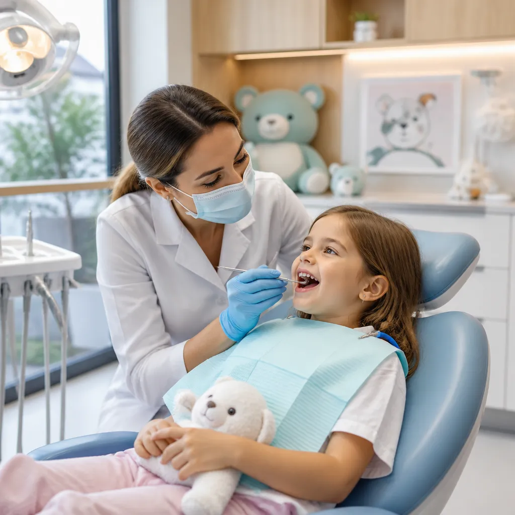 A dentist gently examining a young girl who is holding her teddy bear, in a bright children's treatment room