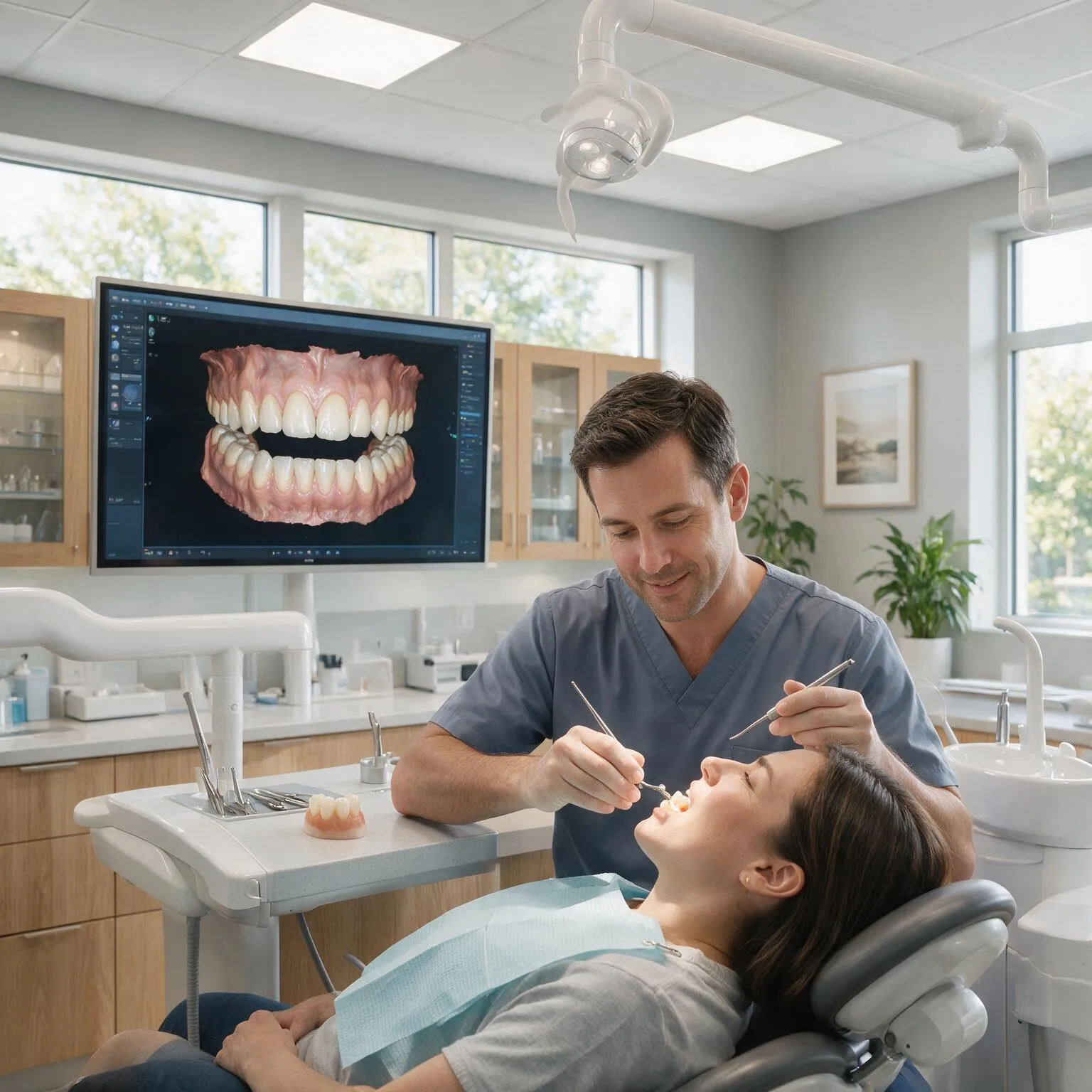 A dentist preparing a tooth for a crown, a digital 3D scan of the patient's bite on the screen behind