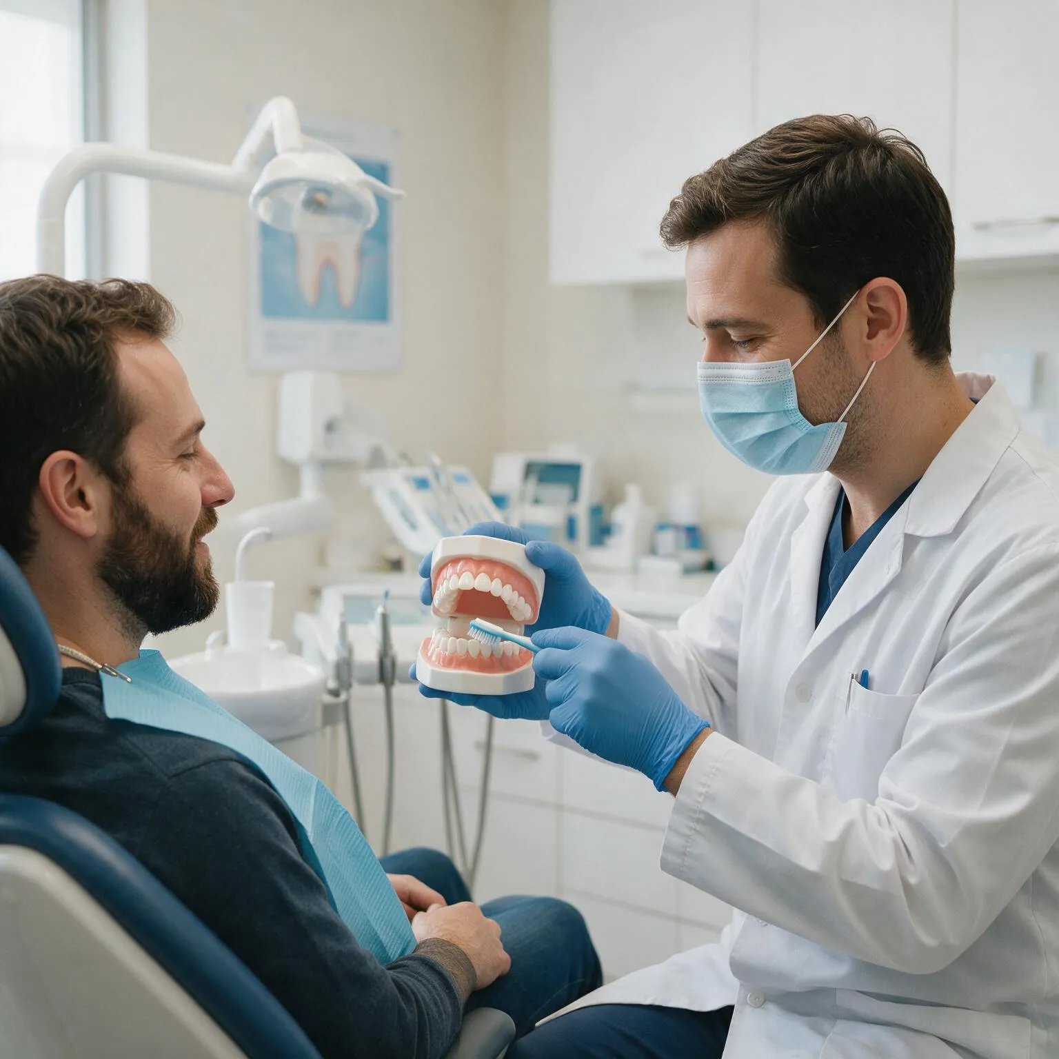 A dentist showing a patient how to care for a new crown using a model of teeth