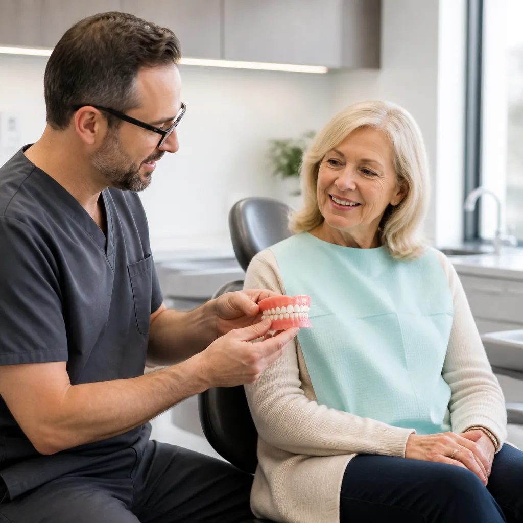 A dentist talking a patient through a new set of dentures at her fitting appointment