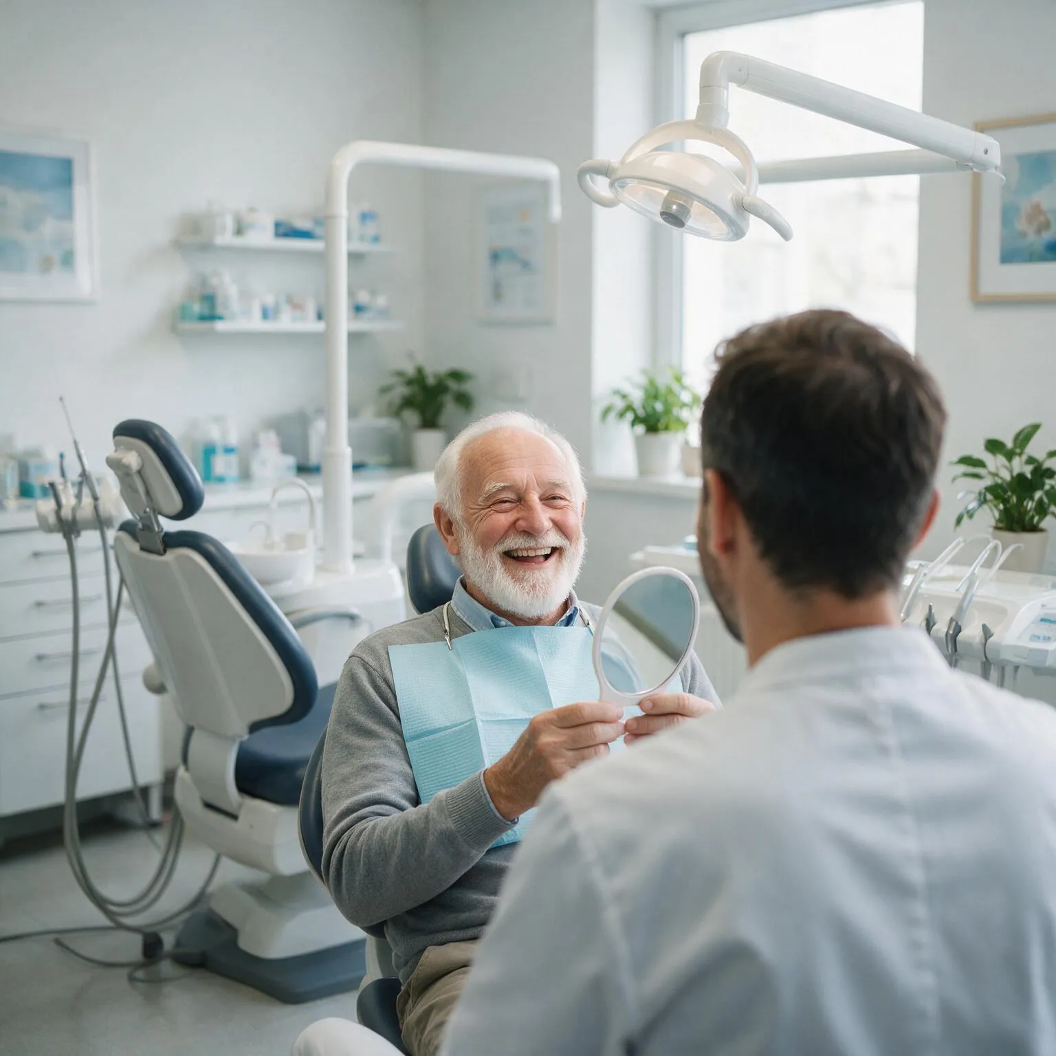 An older patient laughing as he sees his new smile in a hand mirror