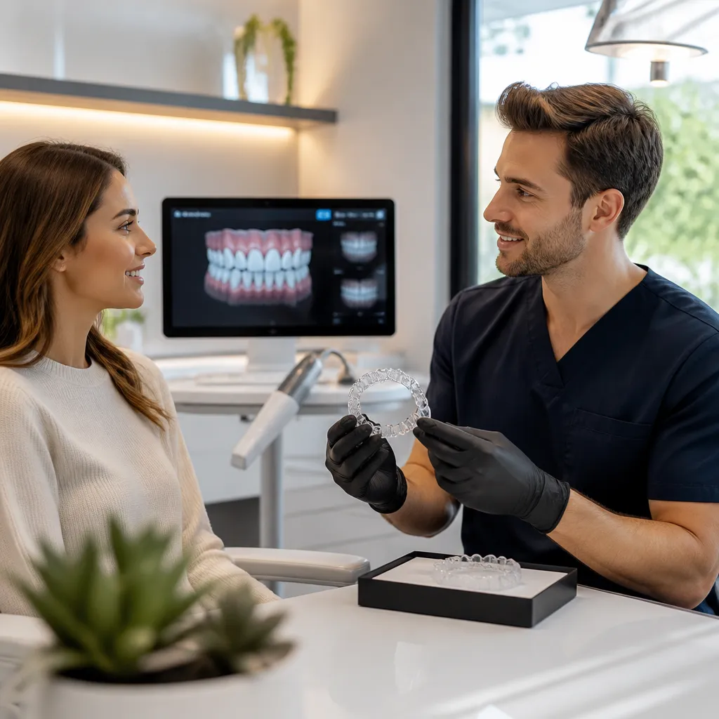 A clinician holding up a clear aligner for a patient, a 3D scan of her teeth on the screen behind