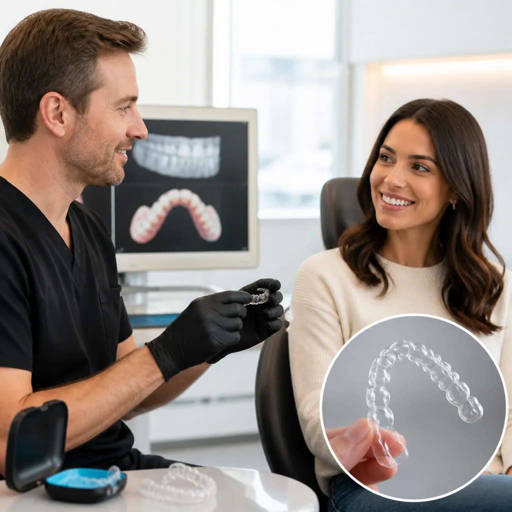 A clinician handing a patient her clear aligner, with her digital treatment plan on the screen behind