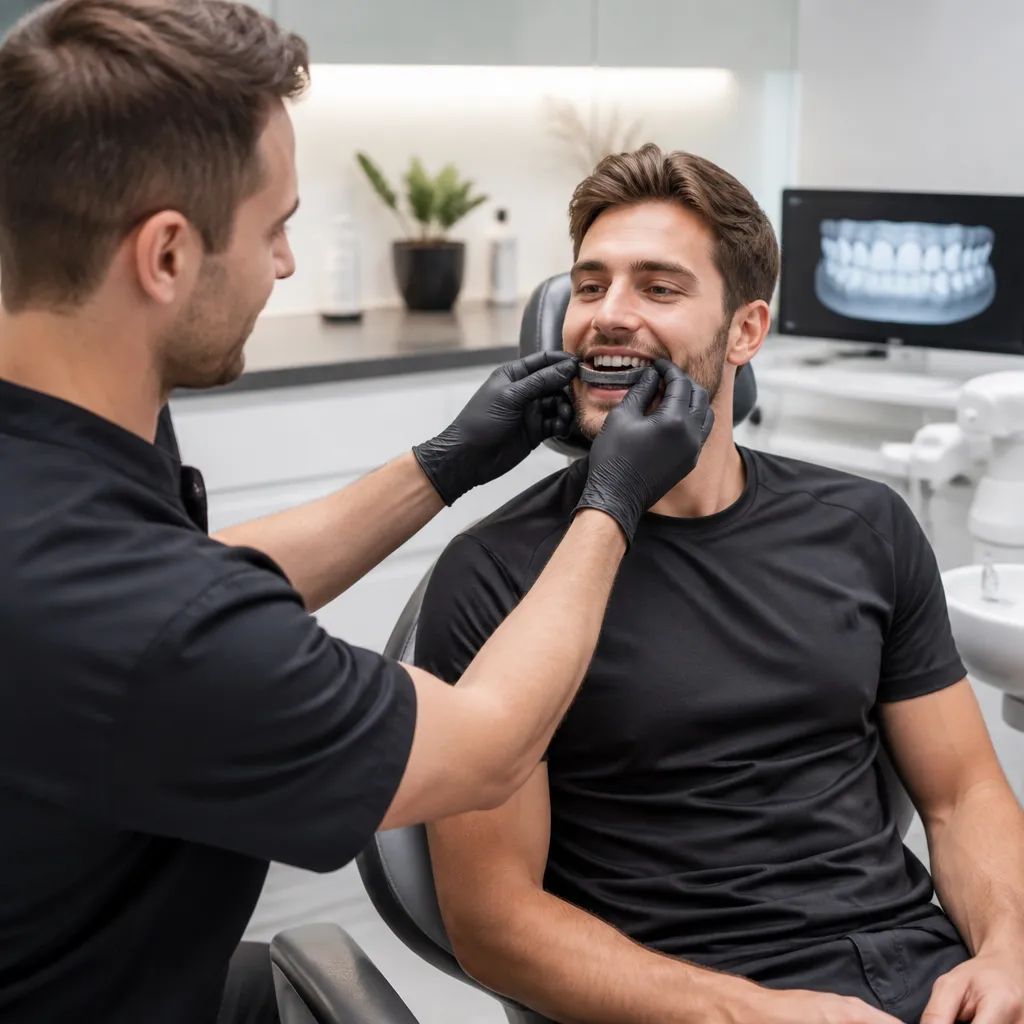 A dentist fitting a custom mouthguard for a smiling young man, a scan of his teeth on the screen behind