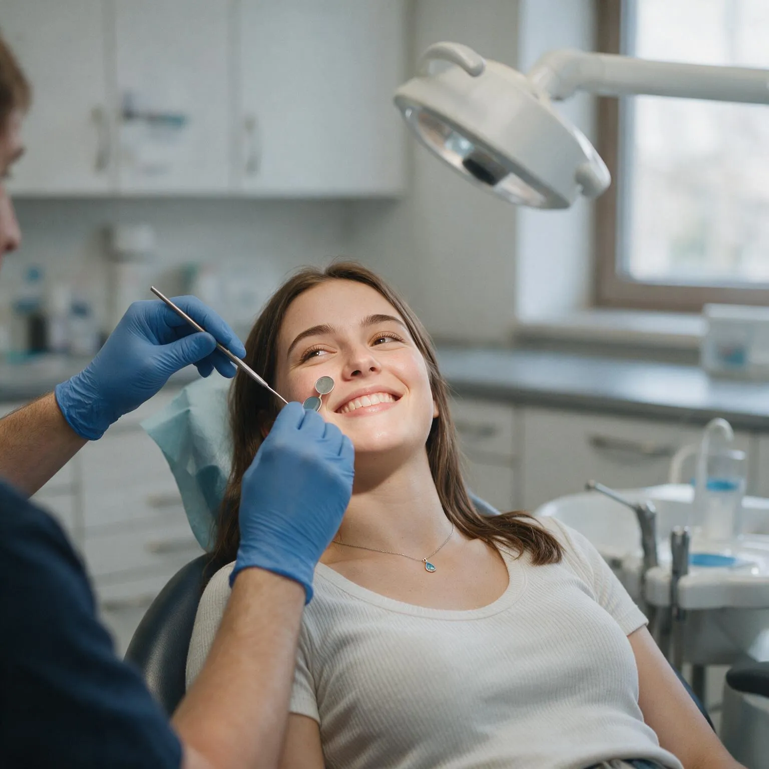 A young patient smiling while her teeth and bite are checked