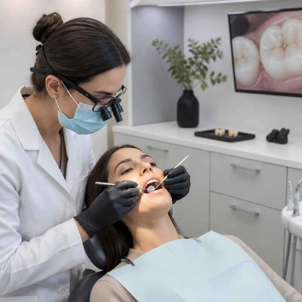 A dentist checking a patient's molars under magnification, with ceramic shade samples on the tray