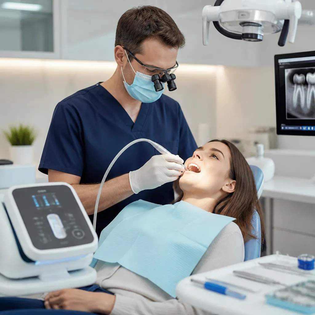 A dentist working under magnification with a handpiece, the tooth's root canal X-ray on the screen behind