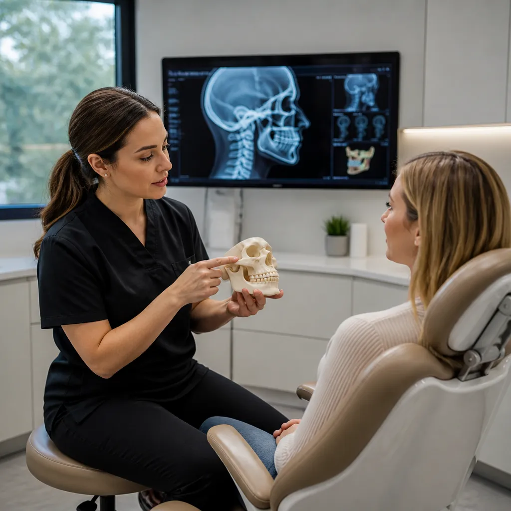 A clinician showing a patient the jaw joint on a skull model, with jaw scans on the screen behind
