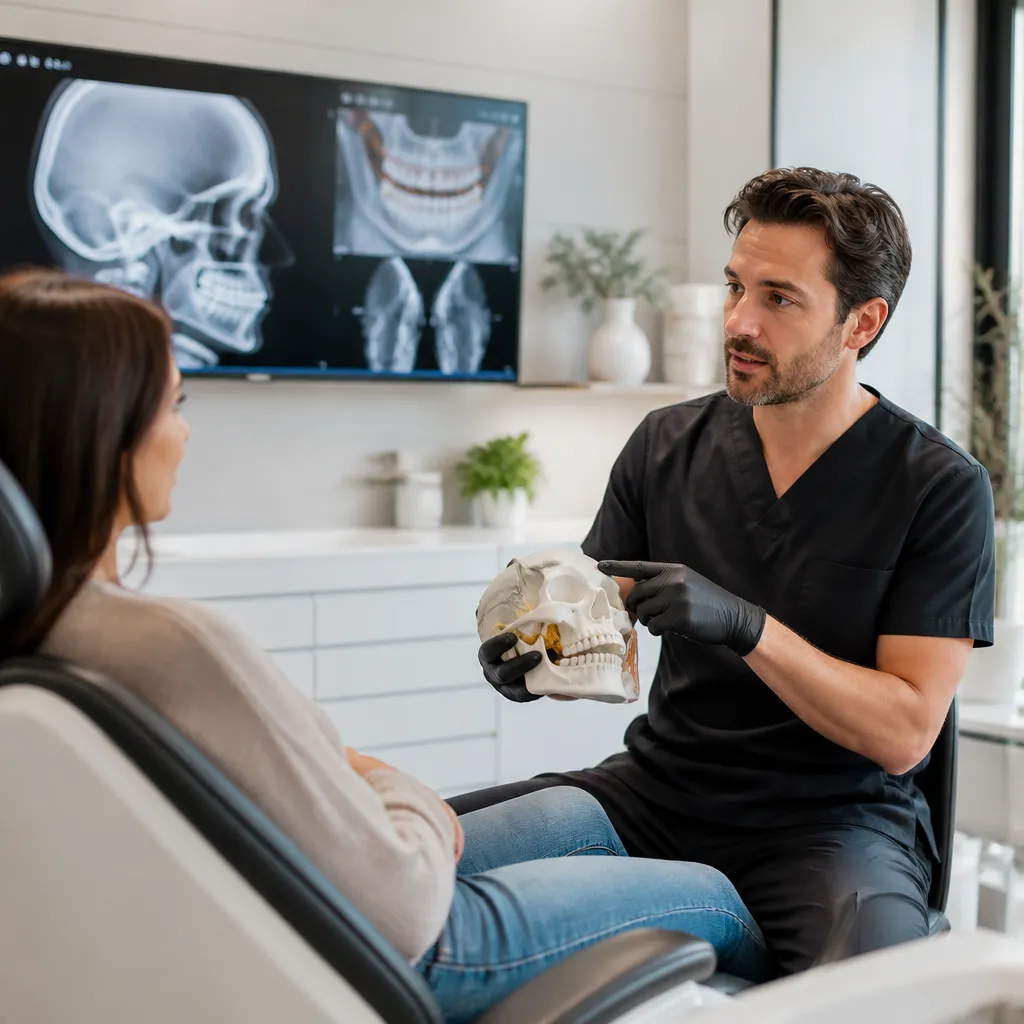 A dentist pointing out the jaw joint on a skull model for a patient, jaw X-rays displayed behind