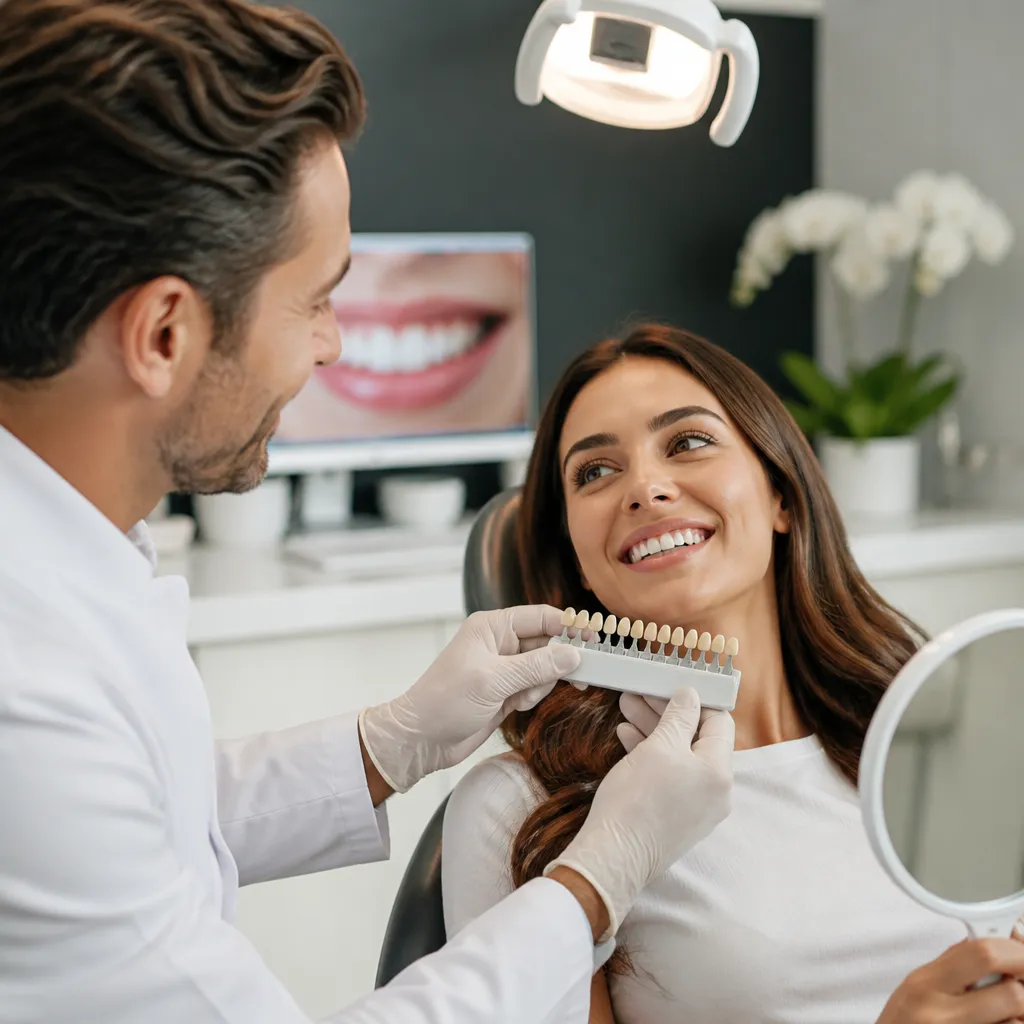 A dentist matching a shade guide to a smiling patient's teeth, a close-up of her smile on the screen behind