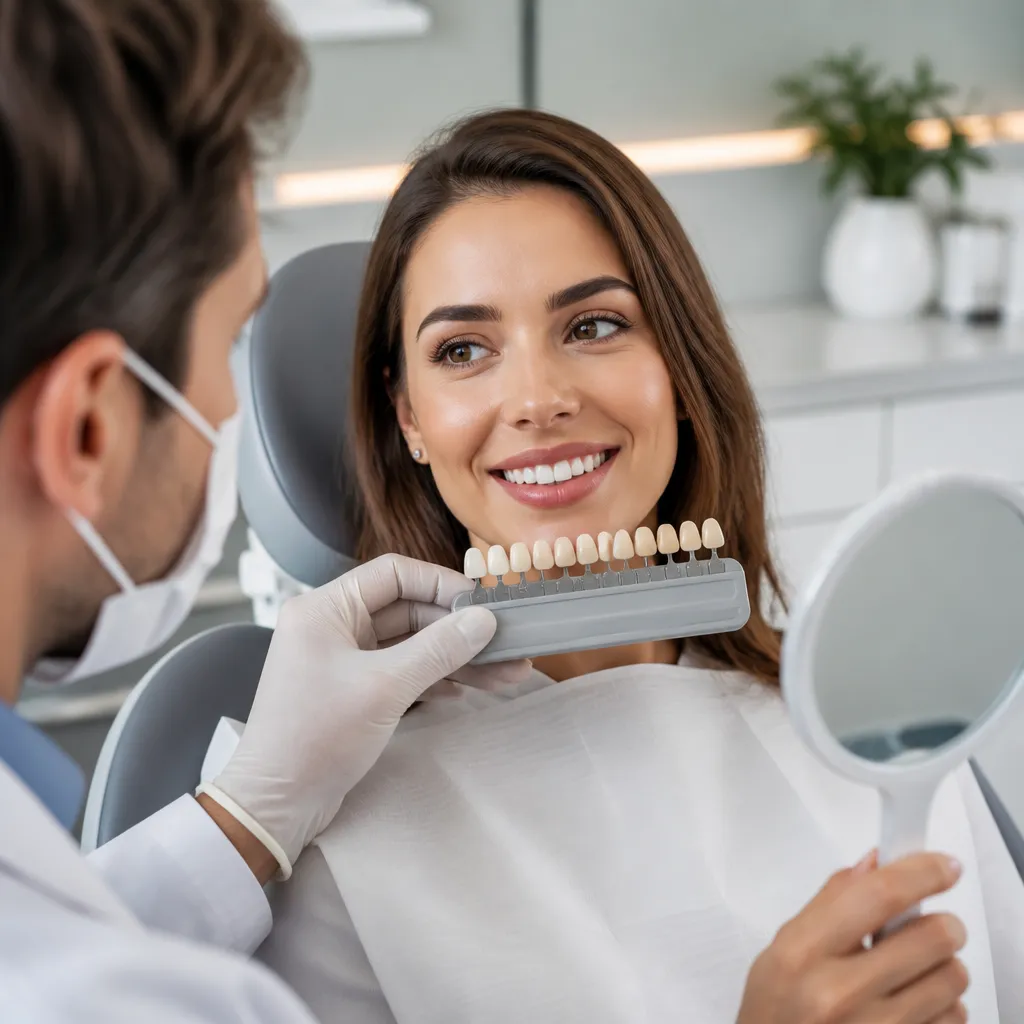 A dentist holding a shade guide beside a smiling patient who is holding a hand mirror