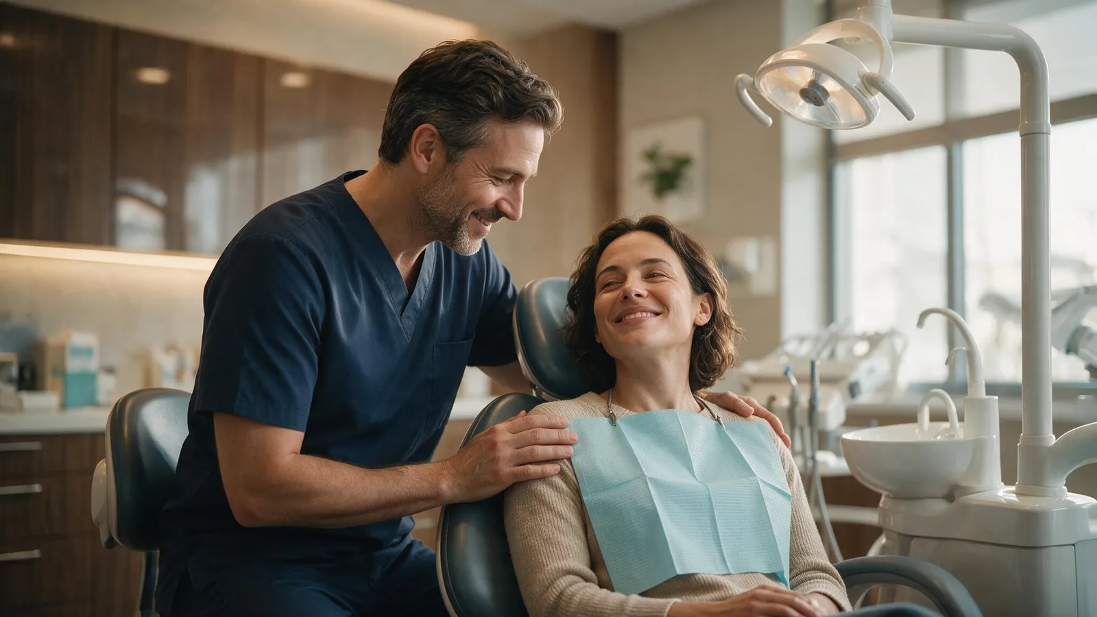 A clinician reassuring a smiling patient in the treatment chair